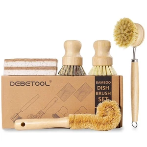DEBETOOL 6 Piece Bamboo Dish Brush Set with Coconut Sponge - Wooden Dish Brus... - Picture 1 of 7