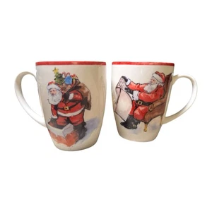 2 tazze da tè caffè Babbo Natale nostalgiche fienile ceramica lista di controllo camino - Foto 1 di 12