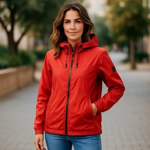 Joules Portwell Womens Waterproof Rain Coat UK Medium Red Hooded Jacket - Picture 1 of 22