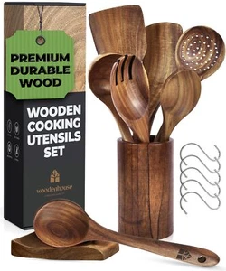 Wooden Spoons For Cooking “ Wooden Cooking Utensils Set With Holder Spoon Rest & - Picture 1 of 9