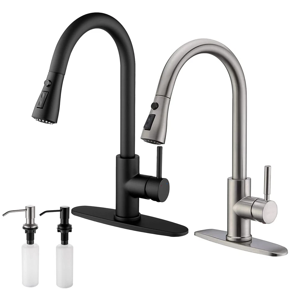 WEWE Kitchen Sink Faucet Swivel Single Handle Pull Down Mixer Tap with Soap Dispenser