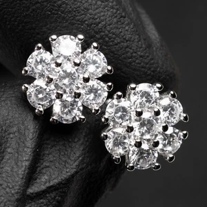 White Plated 925 Sterling Silver Round Flower Set Iced Cz Cluster Stud Earrings - Picture 1 of 5