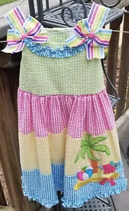 GIRL'S SEERSUCKER SUN DRESS~SIZE 3T~MULTI-COLOR~BEACH ISLAND PALM TREE THEME EUC - Picture 1 of 16