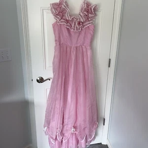 Vtg wedding 1950s Tulle Lace Prom Dress Pink ruffle  White Strapless Corset - Picture 1 of 14