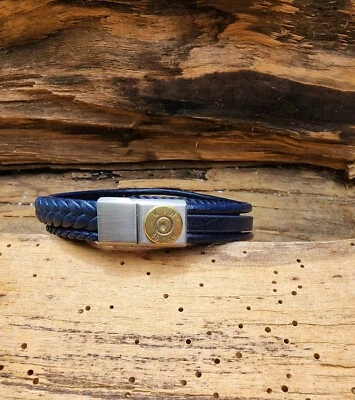 Multi Layered Blue Leather Bullet Bracelet. Optional Crystal. Brass Casing. - Image 1 of 4