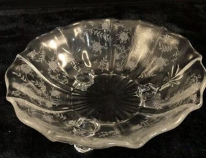 Fostoria Rose Chintz Etched Baroque Shaped 3 Toed Bon Bon Candy Dish 7" Retired - Picture 1 of 6