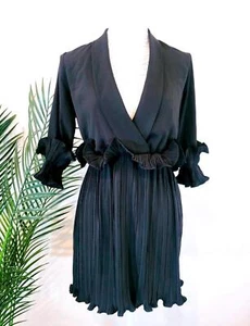 PrettyLittleThing Black Frill Detail 3/4 Sleeve Dress BNWT - size 4 - Picture 1 of 8