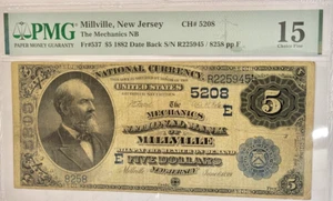 1882 Date Back $5.00 Mechanics National Bank Millville New Jersey PMG Choice 15 - Picture 1 of 2