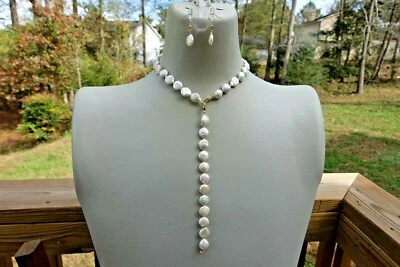 NUEVO Genuino 13mm Natural BOTÓN BARROCO Collar Perla SET 17"/7.5" Redondo Foto 1 de 3