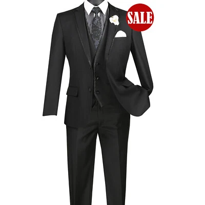 ¡TIENE QUE IR! Traje texturizado solapa recortada de 3 piezas ajustado para hombre NEGRO, 38 regular, $359+ Foto 1 de 3