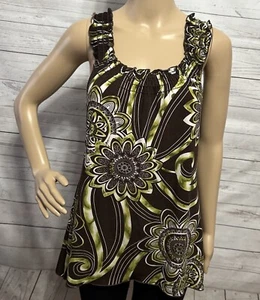 Vintage 90s Perseption Concept Tank Top Medium Brown Green Floral Smocked Straps - Picture 1 of 12