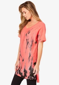 Roaman's Women's Plus Size Printed Slub Tunic Top Sunset Coral Abstract 2X 26/28 - Picture 1 of 7