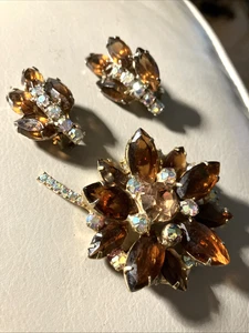 Set Vintage Ambra/Aurora Boreale Strass Spilla Spilla e Orecchini Clip - Foto 1 di 6