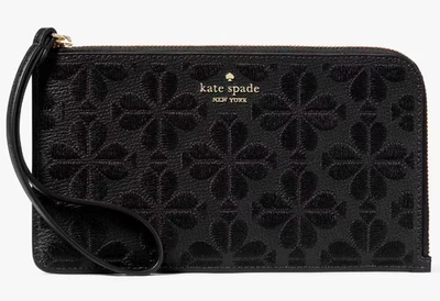 Muñequera Kate Spade Flor Bordada Lucy Cuero Negro Cremallera en L KL857 NUEVA CON ETIQUETAS $159 Foto 1 de 4