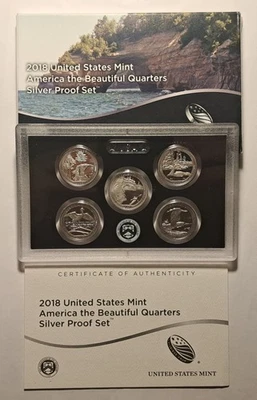 2018-S U.S. MINT SILVER QUARTER PROOF SET AMERICA THE BEAUTIFUL 5 COINS BOX/COA - Image 1 of 4