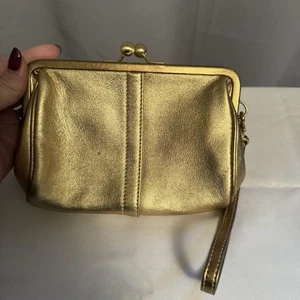 Vintage COACH Kiss Lock Pouch Wallet Clutch Wristlet Bag Gold Leather Rare - Picture 1 of 10