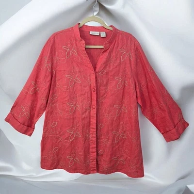 Camisa Tweeds Mujer 1X Rosa Lino Bordada Floral Bohemia Talla Grande Foto 1 de 4