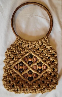 VTG 1970s Boho Retro MOD HIPPY MACRAME Beads SHOPPER BAG PURSE Wood Handle  - Image 1 of 4