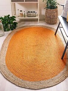 Rug Oval Jute Handmade Area Rug Modern Floor Mat Orange Beige Living Room Carpet