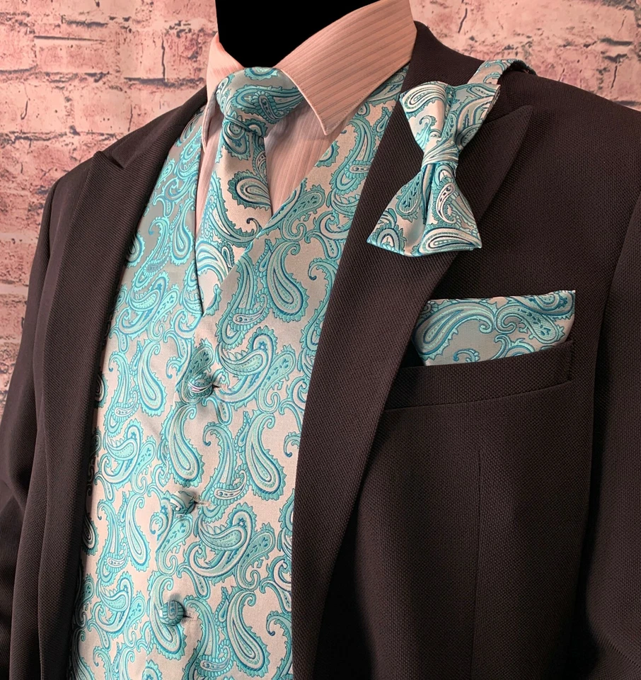 Paisley Dress Vest Necktie Bow tie Hankie for Suit or Tuxedo Prom Wedding 4pcs - Image 1 of 3
