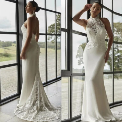 Vestidos de novia de sirena con cuello halter apliques sin espalda vestidos de novia tren de barrido Foto 1 de 4