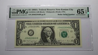 $1 1988 Radar Serial Number Federal Reserve Currency Bank Note Bill PMG UNC65EPQ - Image 1 of 3