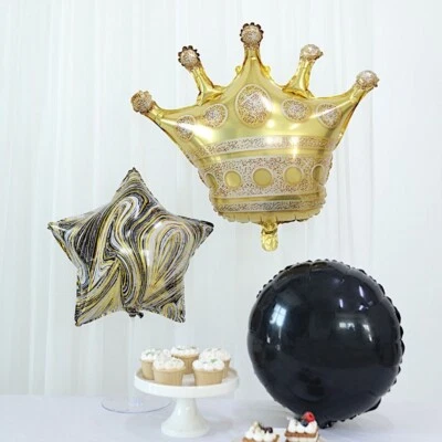6 WHITE GOLD BLACK Round Crown Star Mylar Foil BALLOONS Set Party Decorations - Image 1 of 4