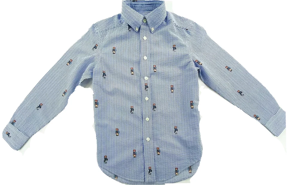 Ralph Lauren Jungen Langarmhemd Seersucker blau/weiß gestreift Bär Allover