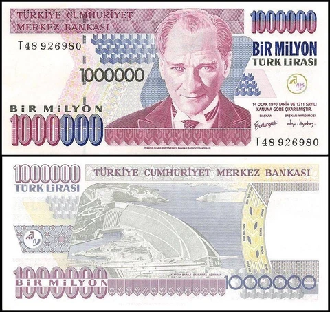 Turkey 1 Million Lira Banknote, L.1970, UNC, Prefix T...  USA SELLER   1 note Cover