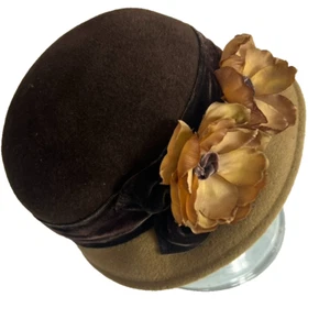 Hopeless Romantic Bowler Hat Brown Rabbit Fur Velvet Ribbon Flower Victorian USA - Picture 1 of 11