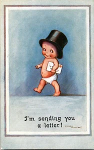 Postal Artista Flora Blanco Bebé en Sombrero de copa Te estoy enviando una carta principios de 1920 - Imagen 1 de 2