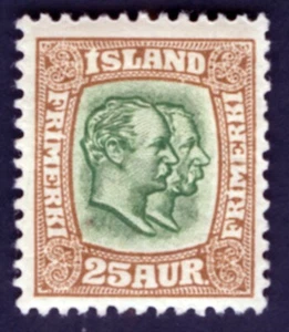 Iceland 1907-08 Sc 80 25aur Bistre and Green Watermark Crown M H F-VF OG perf 13 - Picture 1 of 2