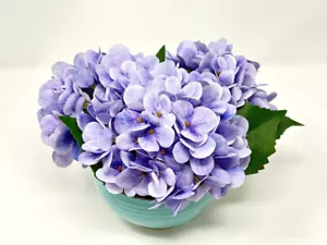 7" Faux Soft silk PURPLE HYDRANGEA potted in Turquoise Blue Ceramic Bowl - Picture 1 of 7