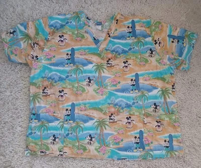 Disney Scrub Top 3XL Mickey Mouse Tropical Hawaiian Surf Print 100% Cotton V-Nec - Image 1 of 4