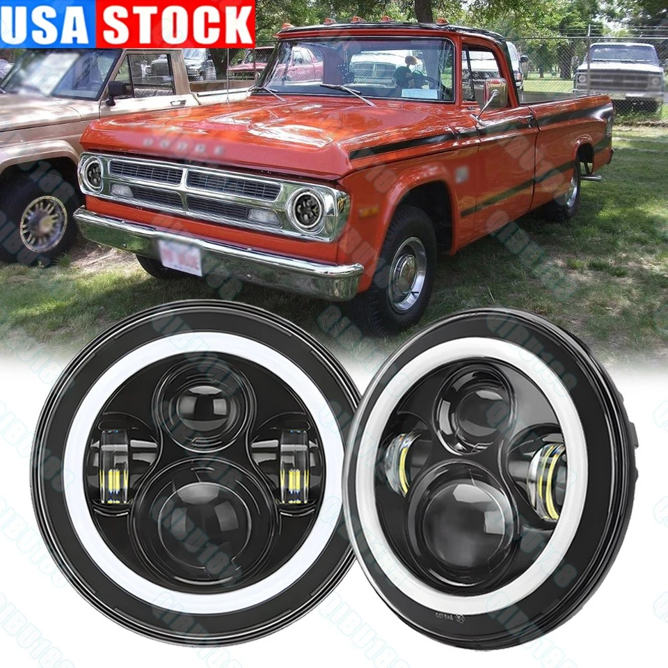 Par de faros LED redondos de 7 pulgadas ojo de ángulo halo para camioneta Dodge D100 D200 D300 Foto 1 de 4