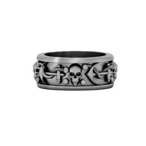 Simulated Diamond Skull Anchor Wedding Band Silver Skull Biker Ring Gun Metal Fn - Picture 1 of 7