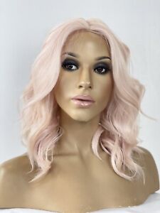 Pink Short Wavy Wig 14” Pink Lace Front Wig Human Hair Blend Wig