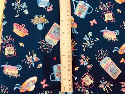 Concord Fabrics Joan Kessler Navy Background GARDENING THEME Cotton Fabric bty - Image 1 of 2
