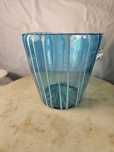 Murano Glass Ice Bowl “Venini for Disaronno" Blue White Stripes & Bubbles Italy - Picture 1 of 6