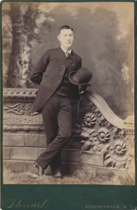 Cabinet Card Antique Photo Young Man Hat Prop Fence Ellicottville NY Stewart - Picture 1 of 5