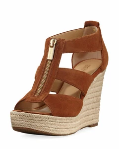 MICHAEL KORS DAMITA SUEDE BROWN GOLD MK ZIPPER WEDGES US 9.5 I LOVE SHOES - Picture 1 of 7
