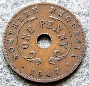 SOUTHERN RHODESIA GEORGE VI 1947 ONE PENNY, BRONZE Colonial Coinage km# 8a - Picture 1 of 6