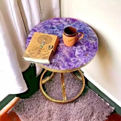 Mesa de café con piedras de amatista, mesa auxiliar de amatista púrpura hecha a mano en el interior Foto 1 de 4