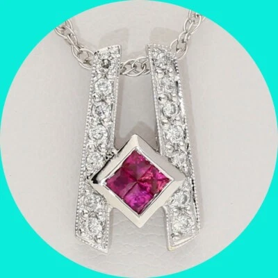 Collar colgante de diamantes naturales zafiro rosa cadena de 16" de oro blanco de 0,37 quilates + 18 quilates Foto 1 de 4