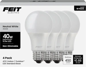 A19 LED Light Bulb, 40-Watt Equivalent, 3500K Neutral White, E26 Base, 450 Lumen - Picture 1 of 12