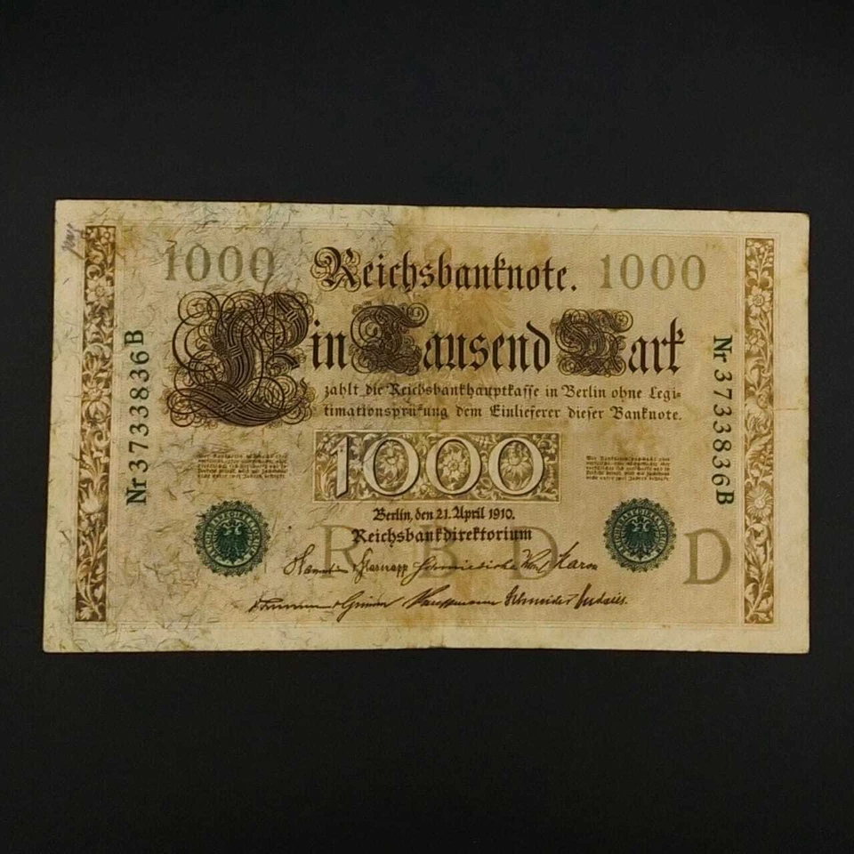 German World War Period 1910 1000 Mark green seal Reichsbanknote fine Lot b - Image 1 of 2