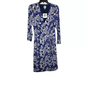 Anne Klein Womens Purple Dress V Neck Faux Wrap Midi Dots 3/4 Sleeve SZ L Large - Picture 1 of 15