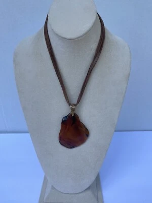 Necklace brown glass pendant stone Leather Cord Gold Tone accents 18" long  - Image 1 of 4