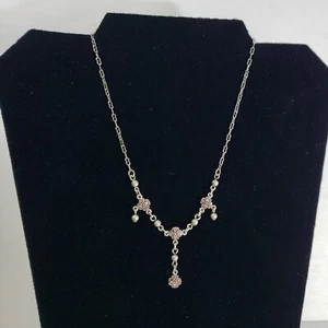 Signed 1928 Y-Drop Necklace Gunmetal Gray Pink Crystal  16 inch - Picture 1 of 7