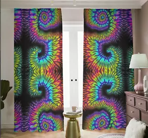 Fractal Tie Dye Blackout Curtains Shades Psychedelic Darkening Cooling Rainbow - Picture 1 of 2